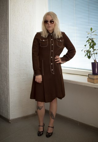 VINTAGE 70'S BROWN LONG SLEEVED DRESS