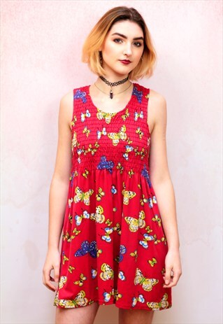 1990S VINTAGE BUTTERFLY PRINT RED MINI DRESS