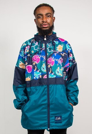 90'S VINTAGE GREEN ABSTRACT PATTERN CAGOULE WINDBREAKER