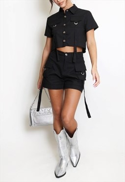 Linen Cargo Shirt And Shorts Coord Set In Black