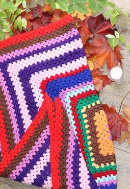Vintage 70s Handmade Crochet Colourful Stripe Picnic Blanket