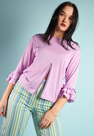 VINTAGE Y2K RETRO MINIMALIST FLARE SLEEVE LYCRA RUFFLE TOP