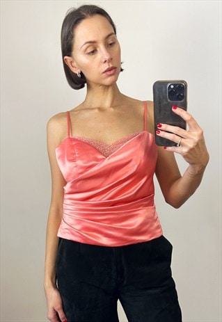 Silky Embellished Corset, Sleeveless Pink Satin Top