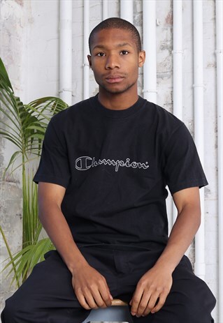 VINTAGE CHAMPION BIG LOGO SPELLOUT T-SHIRT BLACK