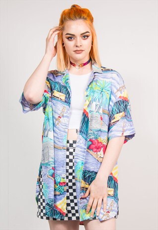 VINTAGE 90'S BLUE HAWAIIAN PATTERN OPEN COLLAR SHIRT