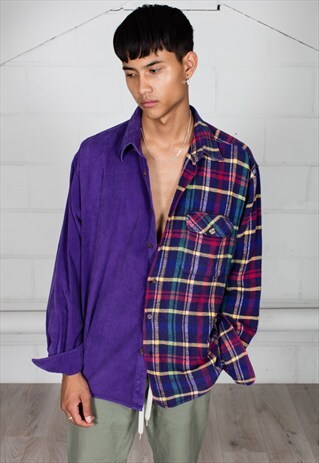 VINTAGE CORDUROY CHECKED FLANNEL RECONSTRUCTED UNISEX SHIRT
