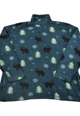Vintage Fleece 1/4 Zip Retro Christmas Pattern Blue Large
