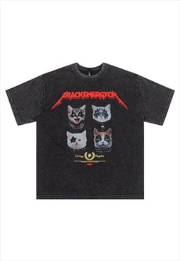 Rocker t-shirt metalcore top grunge cat print tee acid black