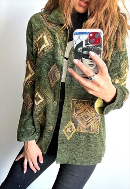 Embroidered Moss Green Vintage Boho Chic Casual Jacket M