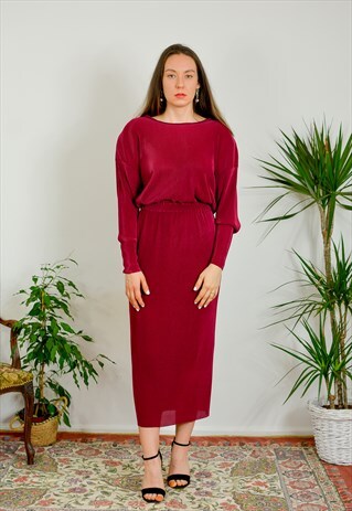 BURGUNDY EVENING DRESS VINTAGE RED PARTY PADDED SHOULDERS