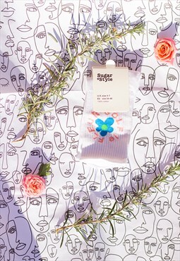 White Floral Circle Text Skater Style Socks