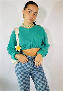 Vintage 90s Embroidered Size L Cropped Sweatshirt in Green