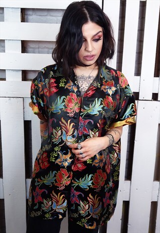 JAPANESE STYLE FLORAL SATIN UNISEX SHORT SLEEVED FUNKY SHIRT