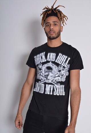 VINTAGE ROCK AND ROLL GRAPHIC PRINT T-SHIRT BLACK