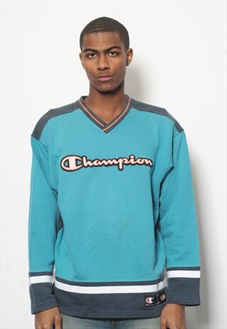 VINTAGE CHAMPION BIG SPELL OUT LOGO SWEATSHIRT BLUE