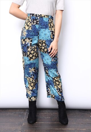 VINTAGE 90S BLUE FLORAL PATCHWORK PRINT LOOSE TROUSERS