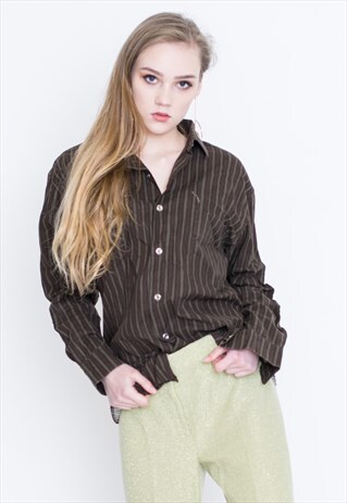 VINTAGE BROWN STRIPED LONG SLEEVE RETRO SHIRT