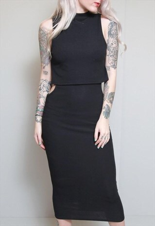 VINTAGE 1990S BLACK CUT OUT BODY CON MIDI DRESS.