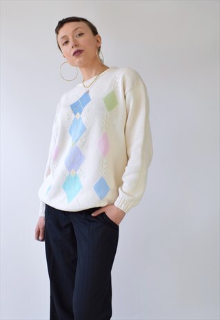VINTAGE 80S 90S Y2K CHUNKY KNIT CREAM COLOURFUL GOLF JUMPER