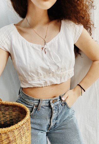 VINTAGE Y2K REWORKED BOHO MILKMAID BLOUSE CROP TOP