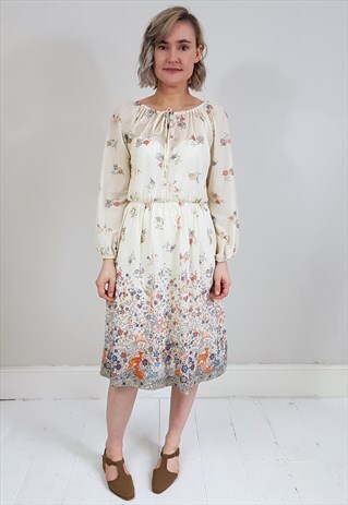 VINTAGE 70'S SHEER FLORAL NATURE BEIGE BOHO DRESS