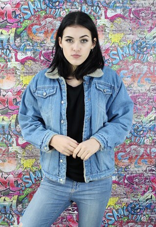 VINTAGE 80S LIGHT BLUE SHERPA FLEECE LINED DENIM JACKET.