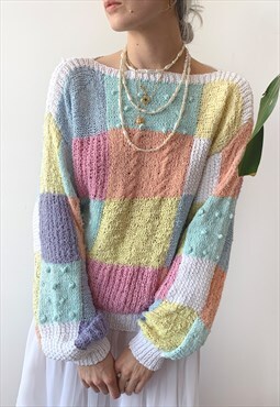 Vintage 90's Oversized Pastel Abstract Patchwork Knit Jumper