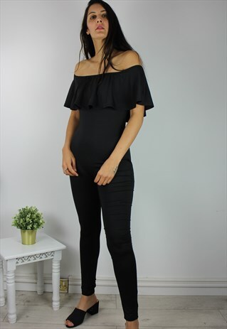 VINTAGE JUMPSUIT W OFF SHOULDER FRILL DETAIL