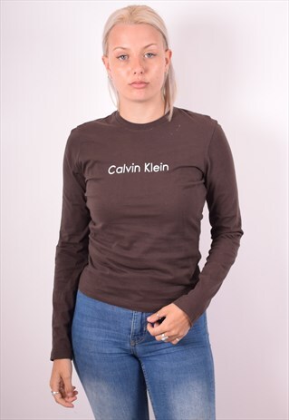 CALVIN KLEIN WOMENS VINTAGE TOP LONG SLEEVE MEDIUM BROWN 90S