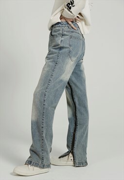 Extreme zip jeans flared out distressed jean pants acid blue
