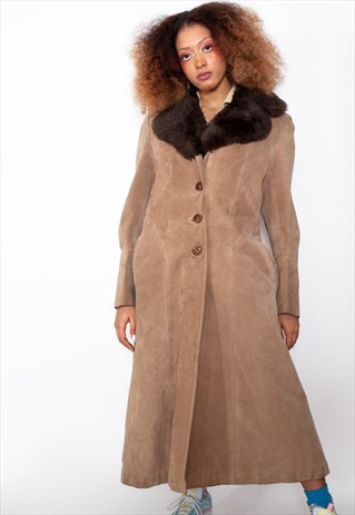 VINTAGE 80S SUEDE LEATHER COAT W/ FAUX FUR COLLAR ID:5266