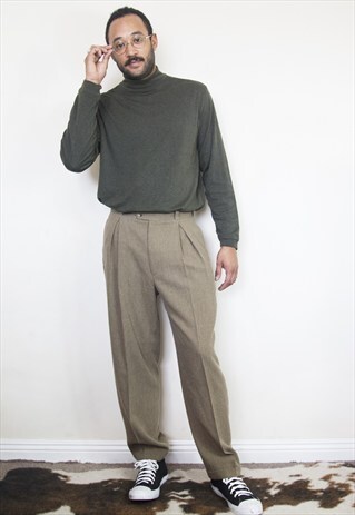 90S FRENCH MINIMALIST PLEATED BROWN WOOL BLEND TROUSERS 32