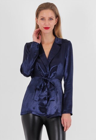 NAVY TIE FRONT SATIN BLOUSE