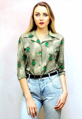 1970S VINTAGE GREEN COLOURED PATTERNED BLOUSE
