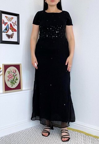 VINTAGE 90S BLACK SEQUINNED CHIFFON MAXI DRESS
