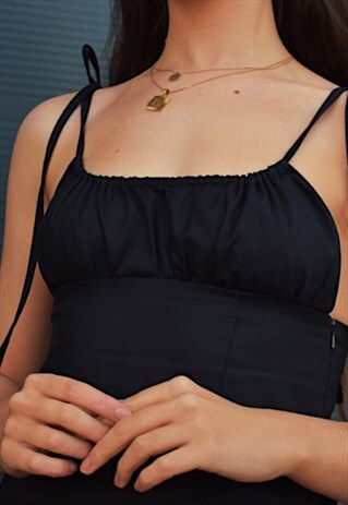 BLACK MILKMAID STYLE RUCHED TOP WITH TIE STRAPS IN COTTON