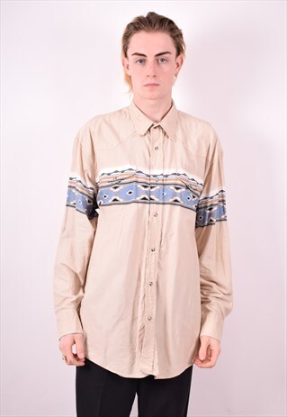 MENS VINTAGE AZTEC SHIRT XL BEIGE 90S