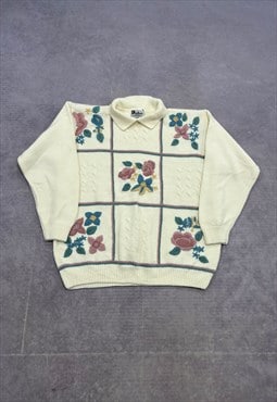 Vintage Knitted Jumper Embroidered Flower Patterned Knit 
