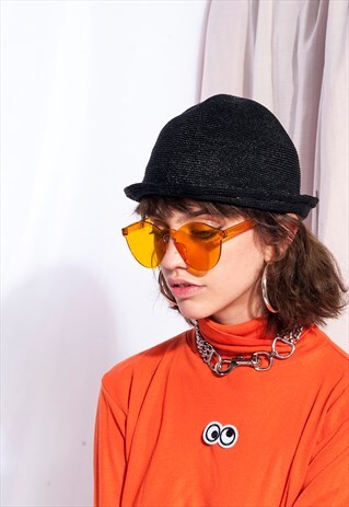 VINTAGE STRAW HAT 60S MOD BLACK BUCKET HAT