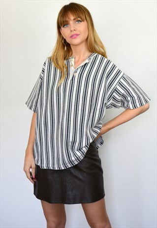 VINTAGE 90S BLACK & WHITE STRIPE BOHO TUNIC OVERSIZED TOP