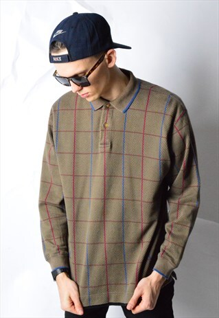 90S KHAKI STRIPED CHECK LONG SLEEVE POLO SHIRT/JUMPER