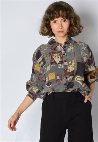 VINTAGE 90S GREY ABSTRACT GRUNGE LONG SLEEVE SHIRT