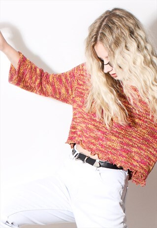 VINTAGE Y2K KNITTED OVERSIZED PATTERNED CROPPED JUMPER 90'S