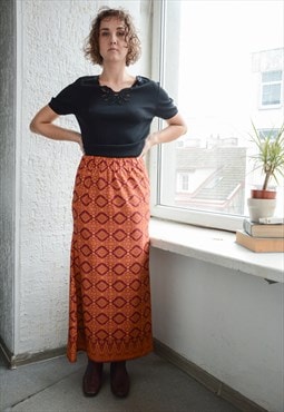 Vintage Bohemian 70's Orange Patterned Maxi Skirt