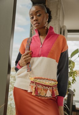 Orange Tones Embroidered Tassel Colourful Bum Bag