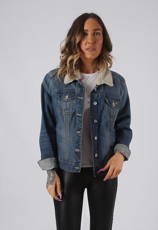 DENIM JACKET SHERPA COLLAR OVERSIZED FITTED UK 16 (DK4M)