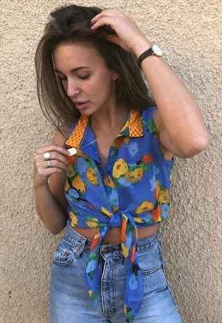 PATTERNED CROPPED TIE-UP RETRO VINTAGE FESTIVAL SHIRT