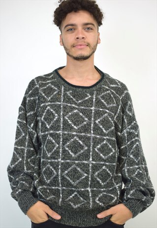 VINTAGE 90S GREY GRID SQUARE PATTERN KNIT SWEATER