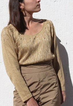 Vintage gold lurex metallised applique knit sweater,knitted 