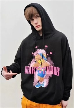Heart throb slogan hoodie teddy bear pullover in pink black